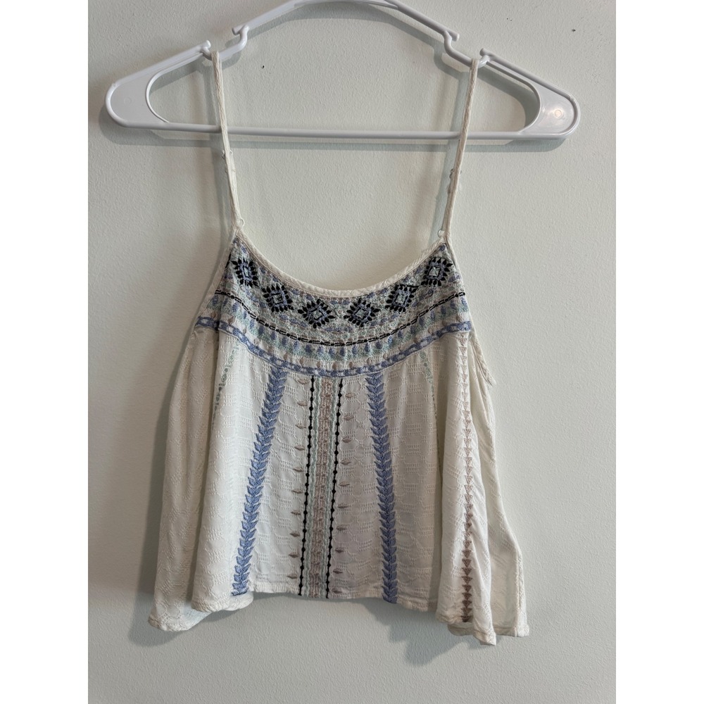 Ecote Embroidered Boho Cami Tank Top Womens XS White Blue Festival Crop